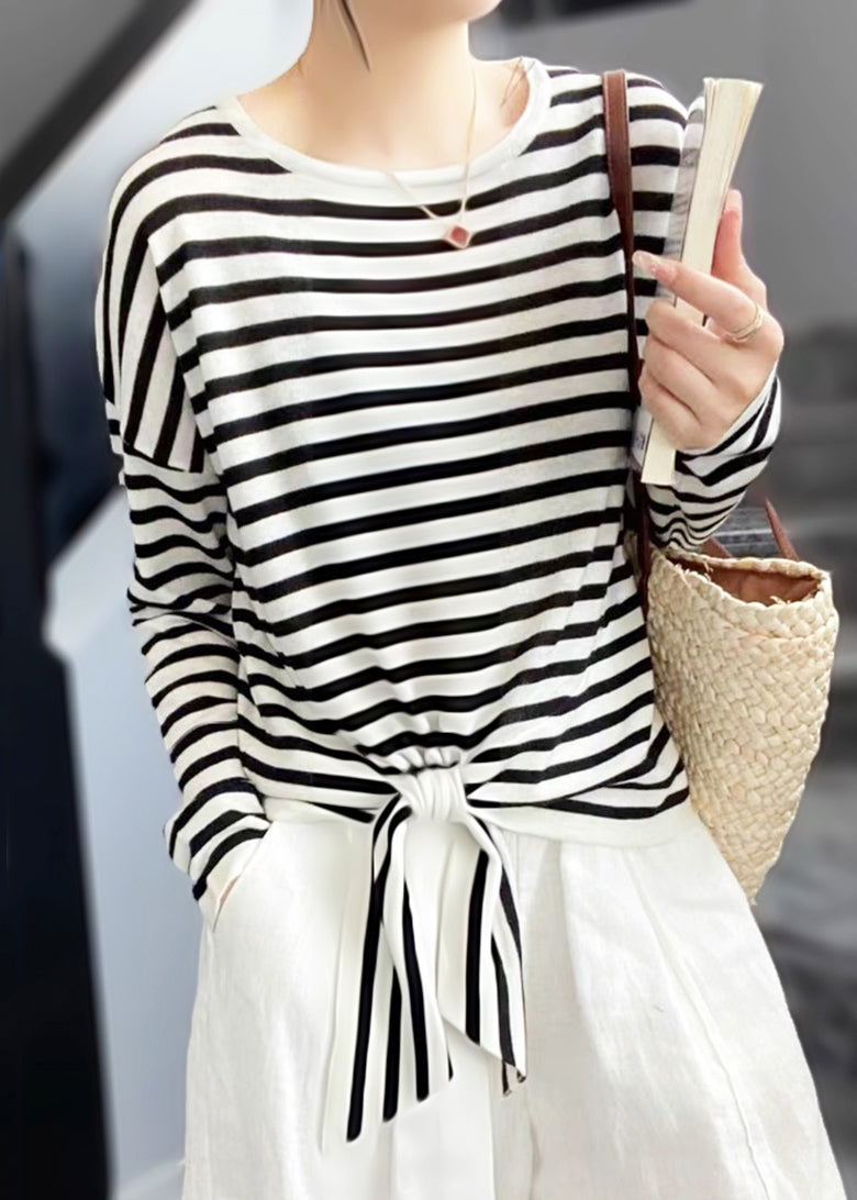 O Spring Cotton Shirt Neck T Striped Loose Lace Up Black
