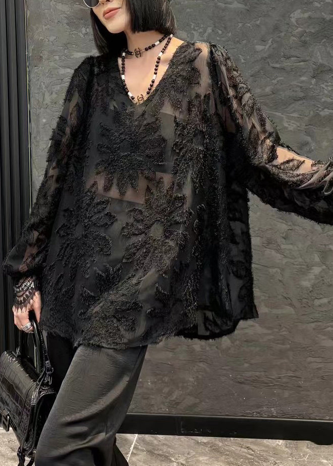 Loose Black V Neck Solid Chiffon Shirt Long Sleeve OP1044