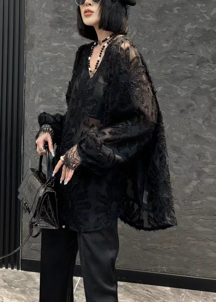 Loose Black V Neck Solid Chiffon Shirt Long Sleeve OP1044