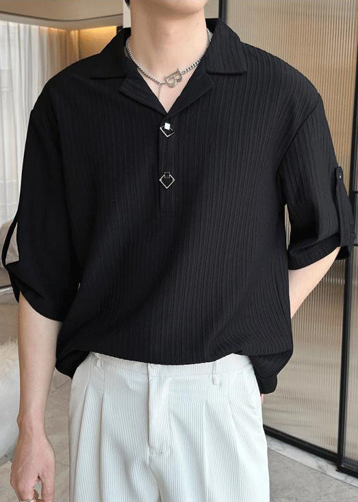 Half Polo Loose Black Cotton Sleeve Men Shirt Solid Wrinkled