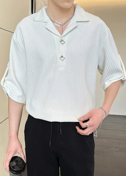 Half Polo Loose Black Cotton Sleeve Men Shirt Solid Wrinkled