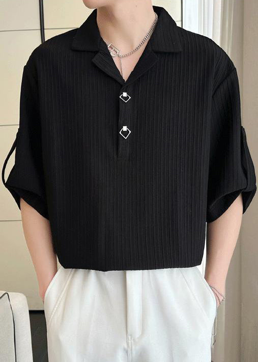 Half Polo Loose Black Cotton Sleeve Men Shirt Solid Wrinkled