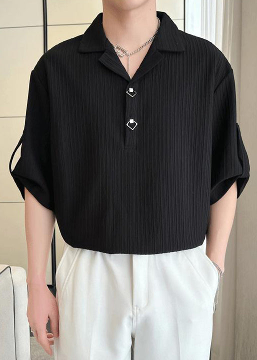 Half Polo Loose Black Cotton Sleeve Men Shirt Solid Wrinkled