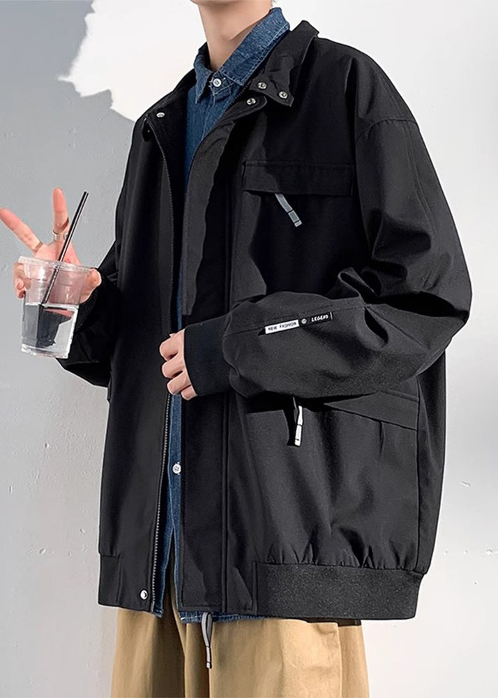 Black Cotton Coats Spring Pockets Mens Loose Solid Zippered
