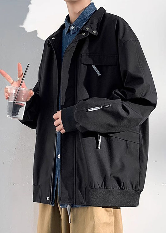 Black Cotton Coats Spring Pockets Mens Loose Solid Zippered