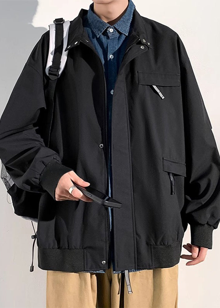 Black Cotton Coats Spring Pockets Mens Loose Solid Zippered