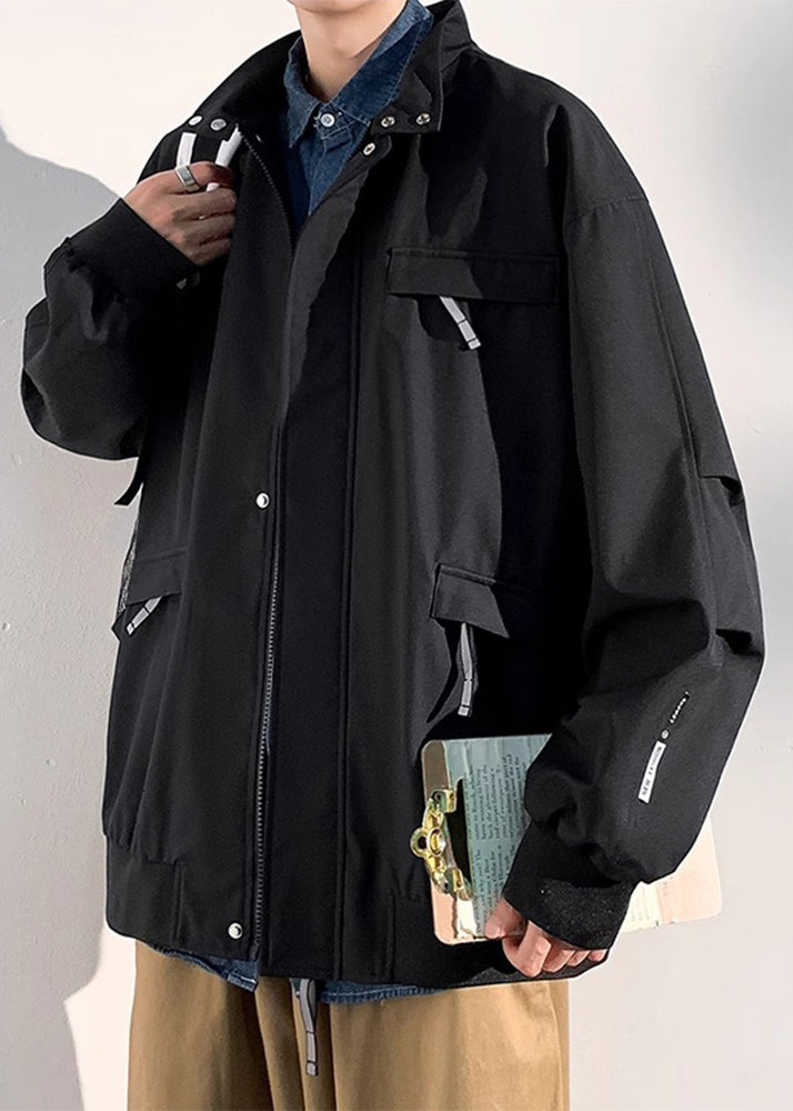 Black Cotton Coats Spring Pockets Mens Loose Solid Zippered