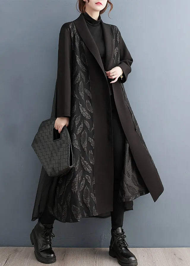 Loose Black Zippered Print Tulle Patchwork Long Trench Coat Fall Ada Fashion