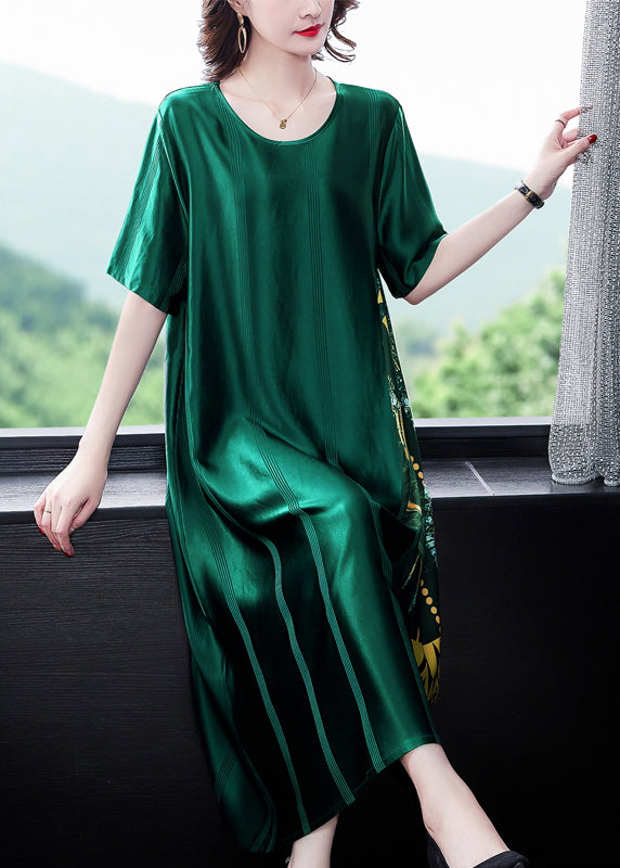 Loose Blackish Green O Neck Print Silk Long Dress Summer OP1049