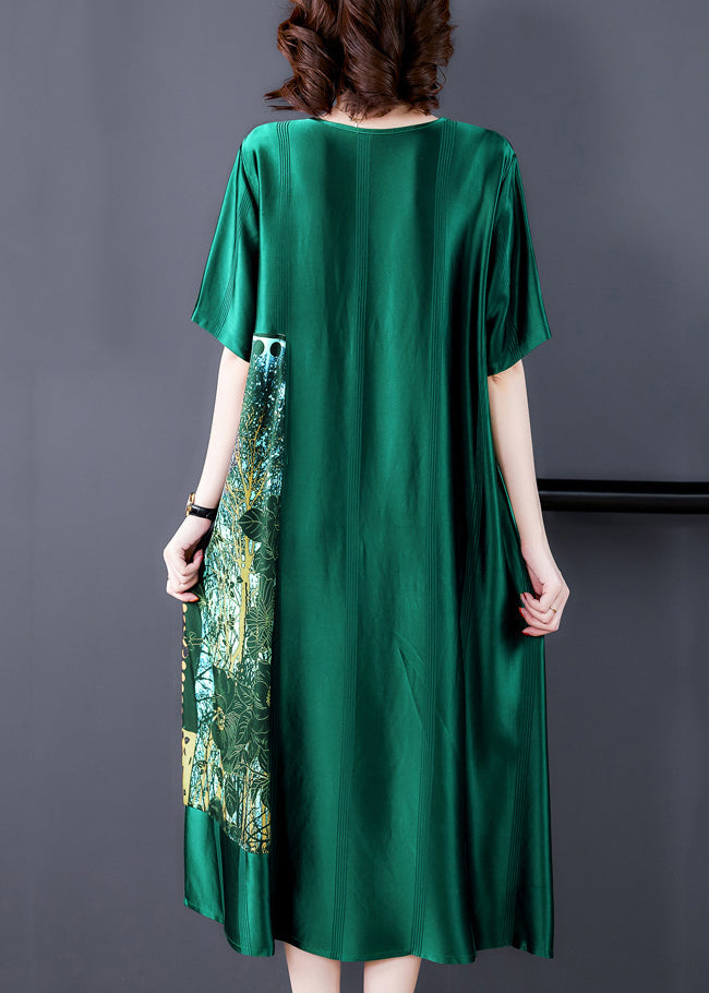 Loose Blackish Green O Neck Print Silk Long Dress Summer OP1049