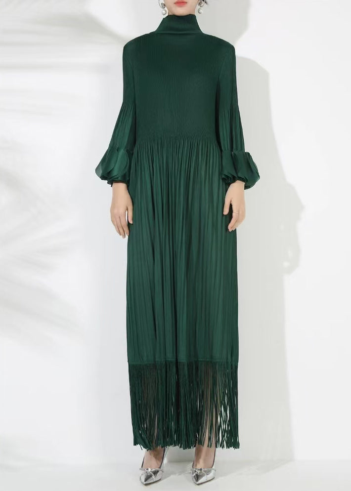 Loose Cotton Dress Wrinkled Blackish Long Green Solid Petal