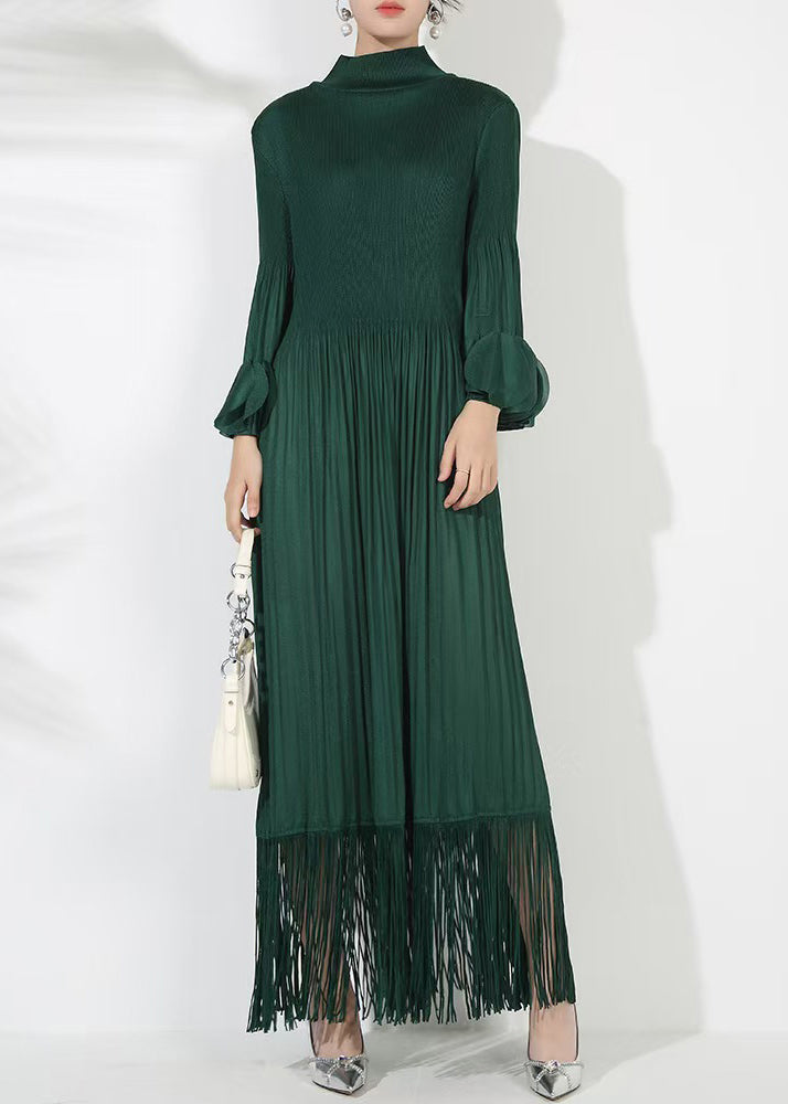 Loose Cotton Dress Wrinkled Blackish Long Green Solid Petal