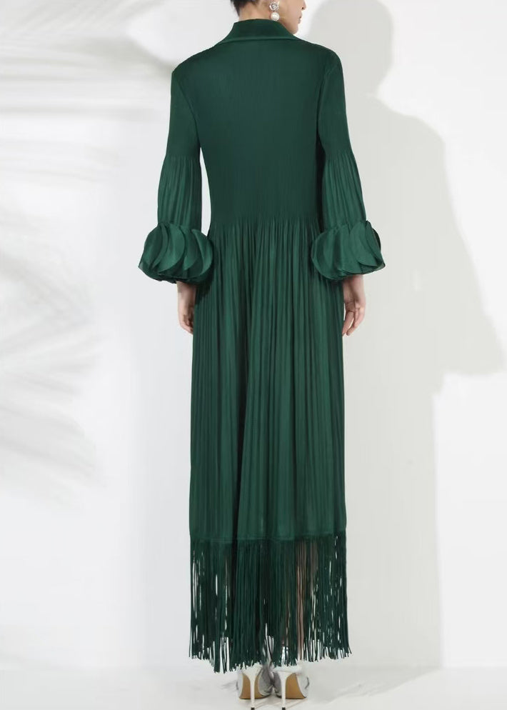 Loose Cotton Dress Wrinkled Blackish Long Green Solid Petal