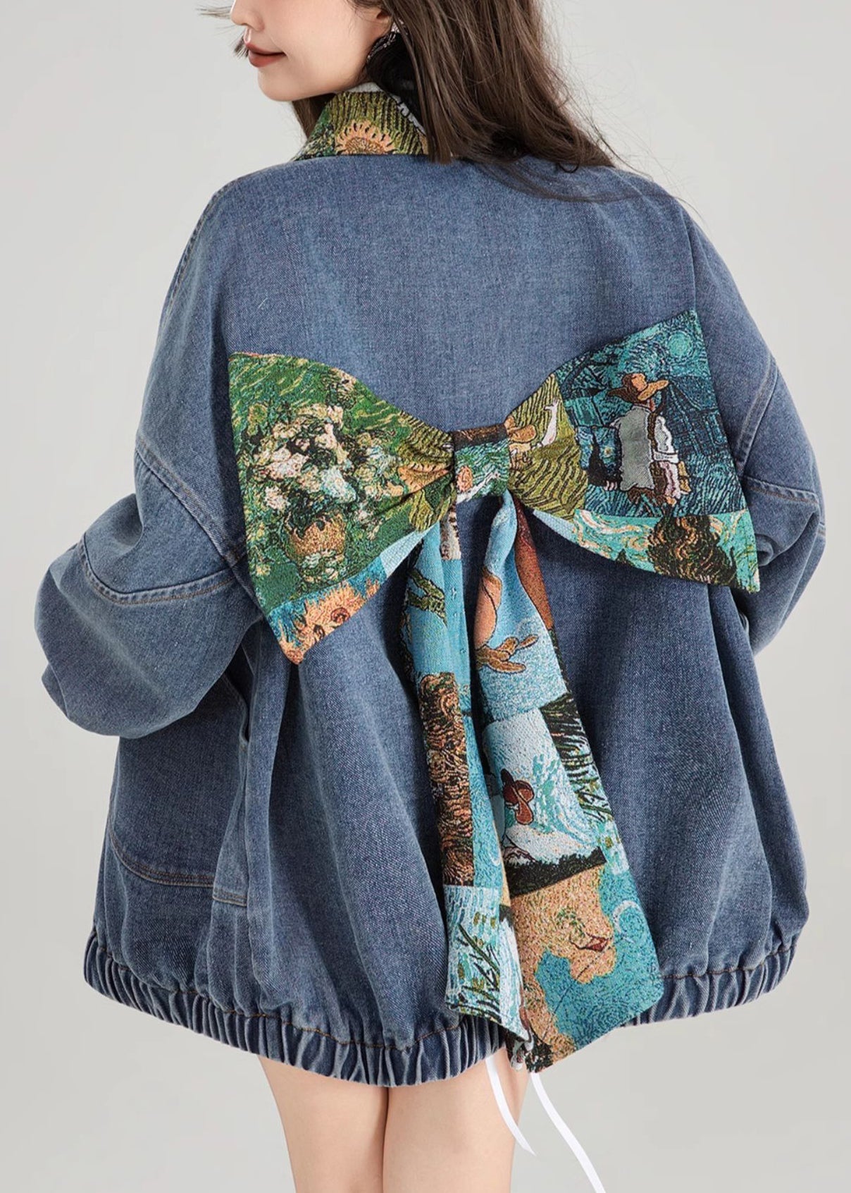 Denim Loose Blue Button Patchwork Coat Spring Bow