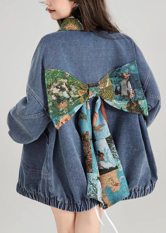 Denim Loose Blue Button Patchwork Coat Spring Bow
