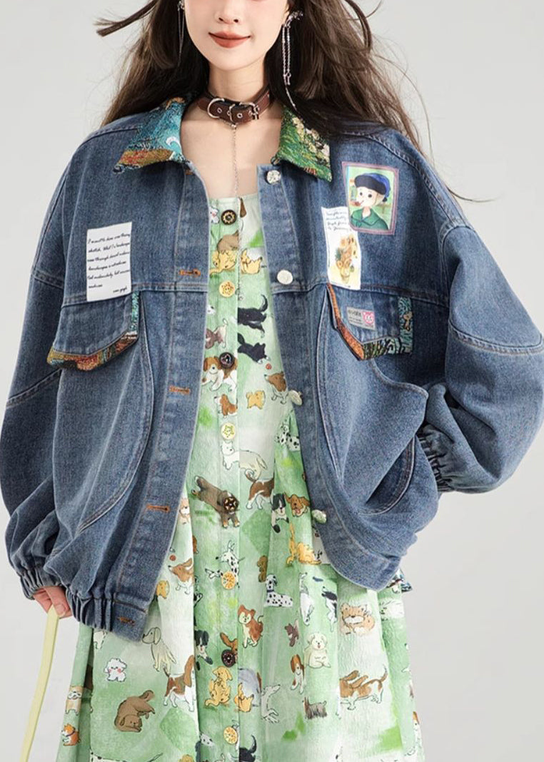 Denim Loose Blue Button Patchwork Coat Spring Bow