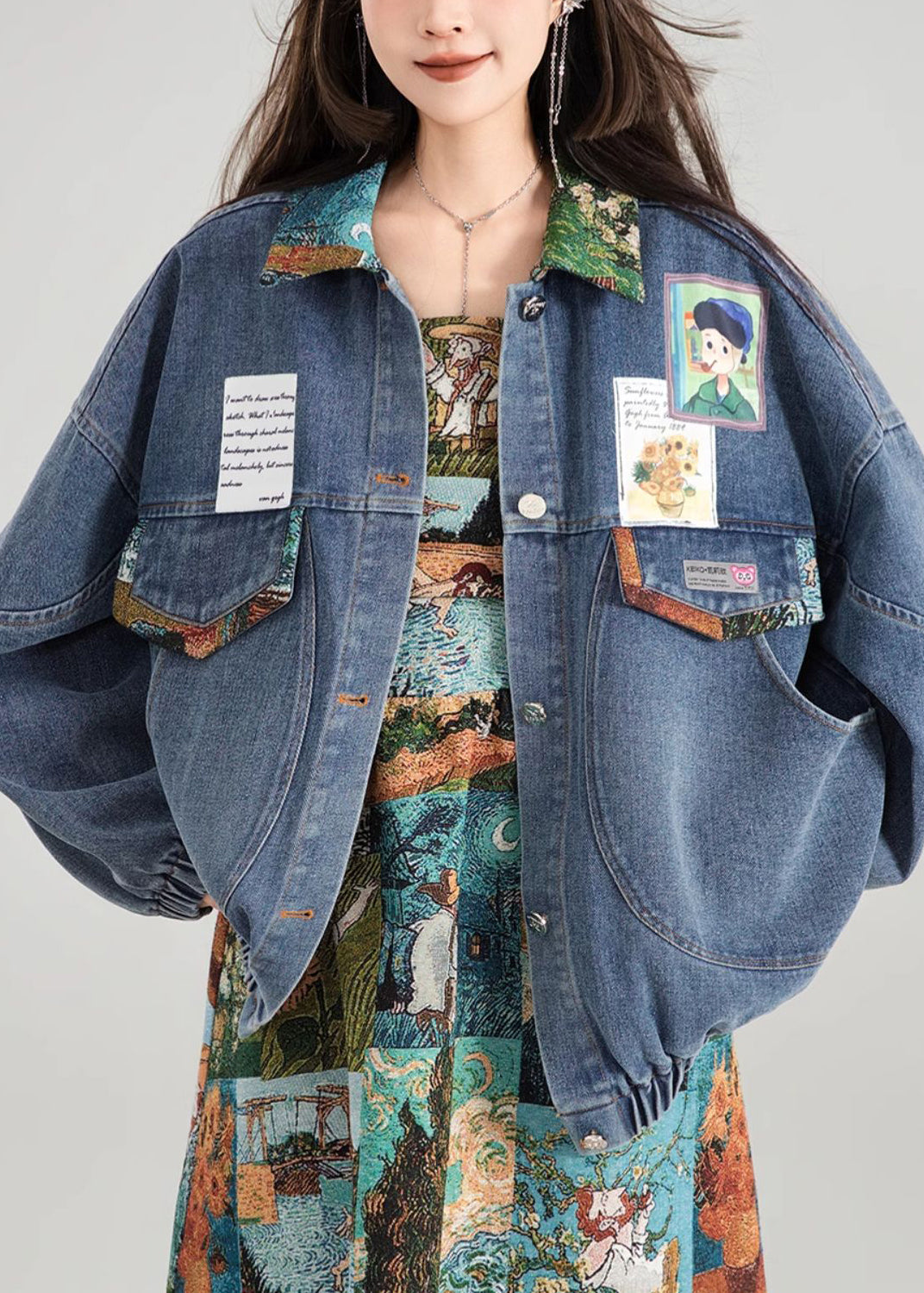 Denim Loose Blue Button Patchwork Coat Spring Bow