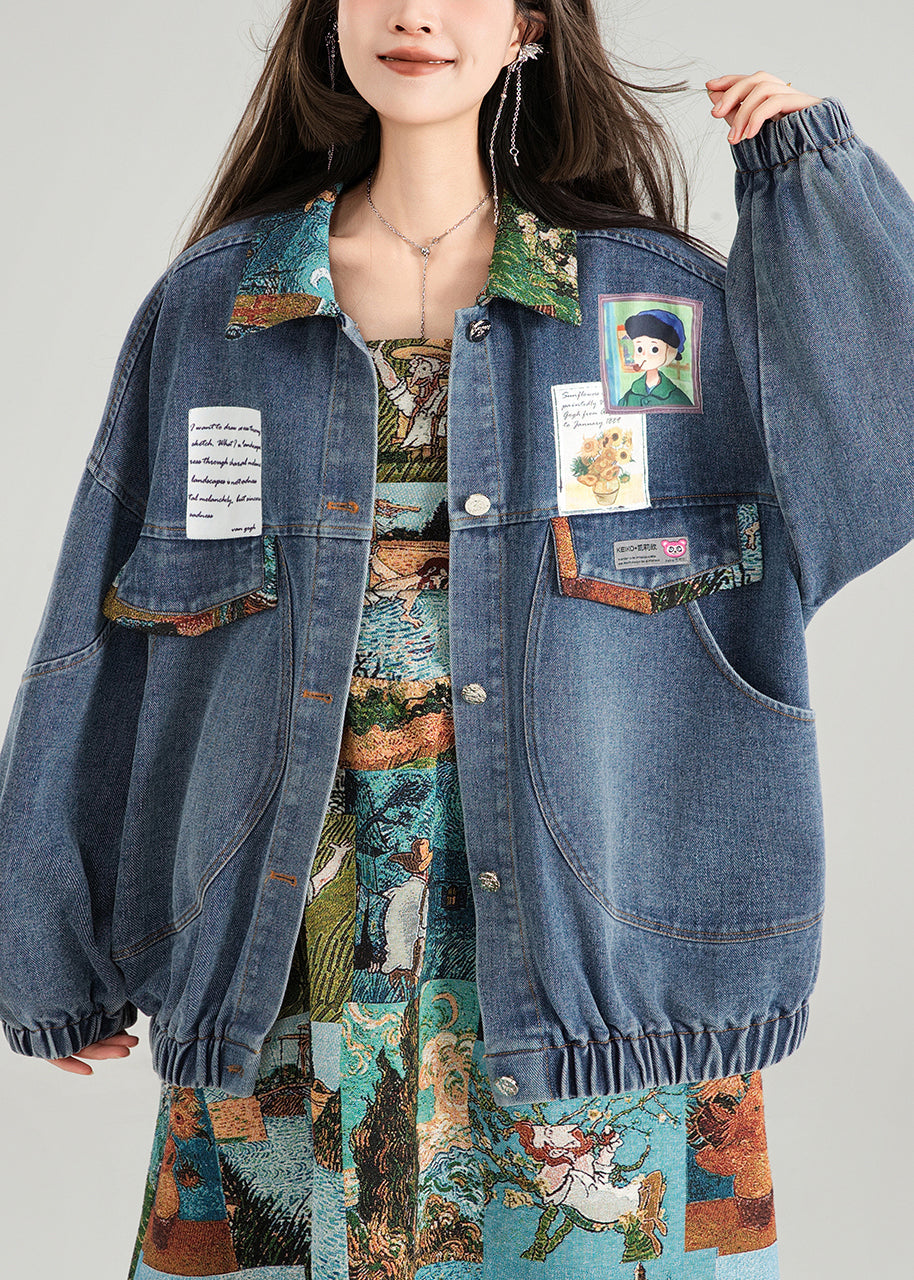 Denim Loose Blue Button Patchwork Coat Spring Bow