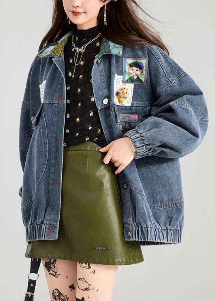 Denim Loose Blue Button Patchwork Coat Spring Bow