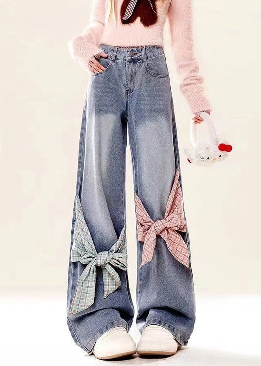 Waist Blue Pockets Spring High Denim Pants Bow Loose