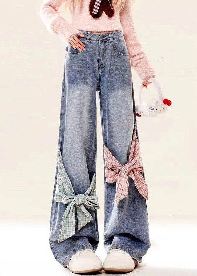 Waist Blue Pockets Spring High Denim Pants Bow Loose