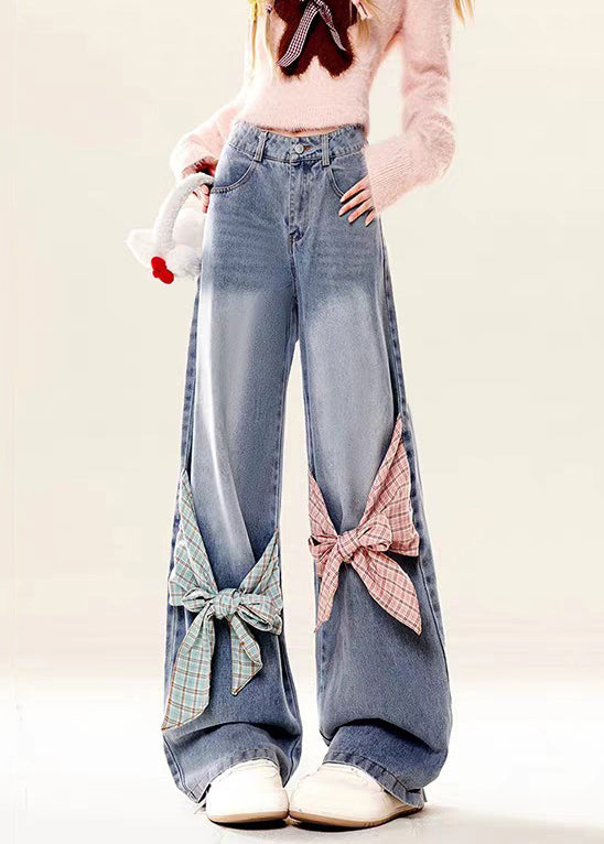 Waist Blue Pockets Spring High Denim Pants Bow Loose