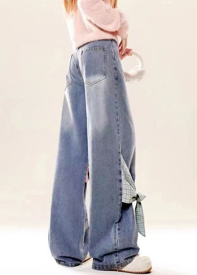 Waist Blue Pockets Spring High Denim Pants Bow Loose