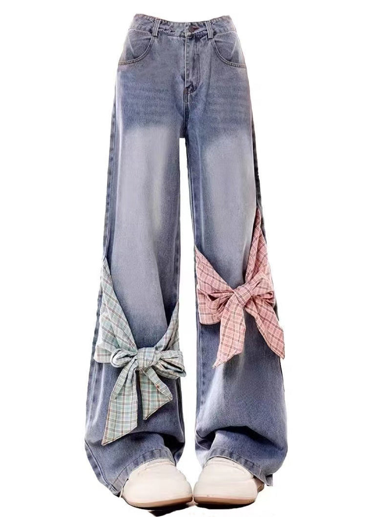 Waist Blue Pockets Spring High Denim Pants Bow Loose