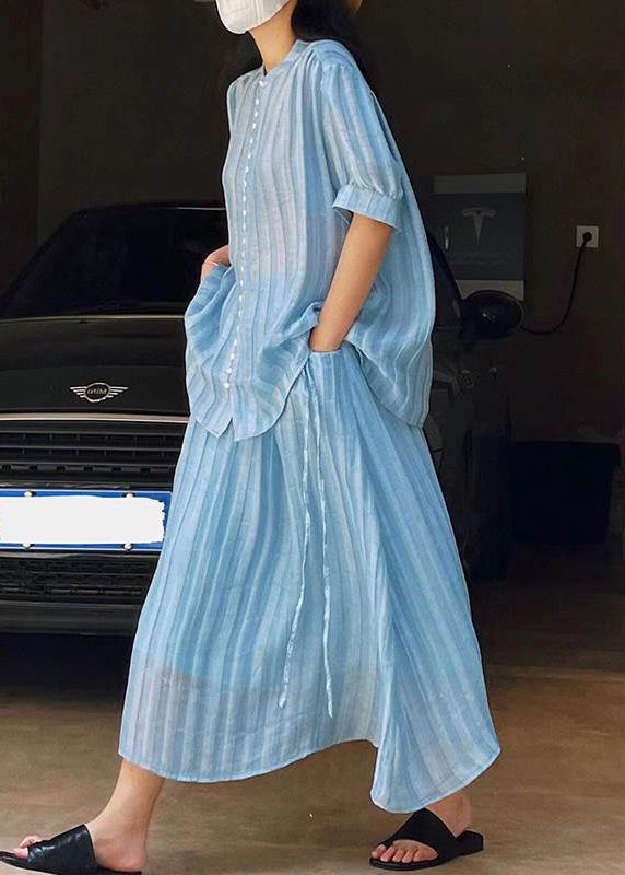 Summer Loose Blue Two Button Skirts Blouses And Set Pieces Solid