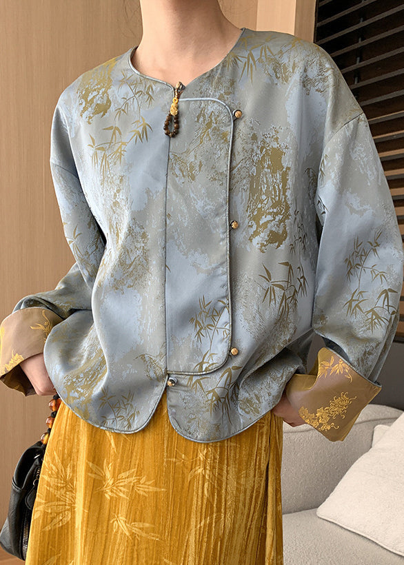 Loose Blue Button Print Silk Coats Long Sleeve