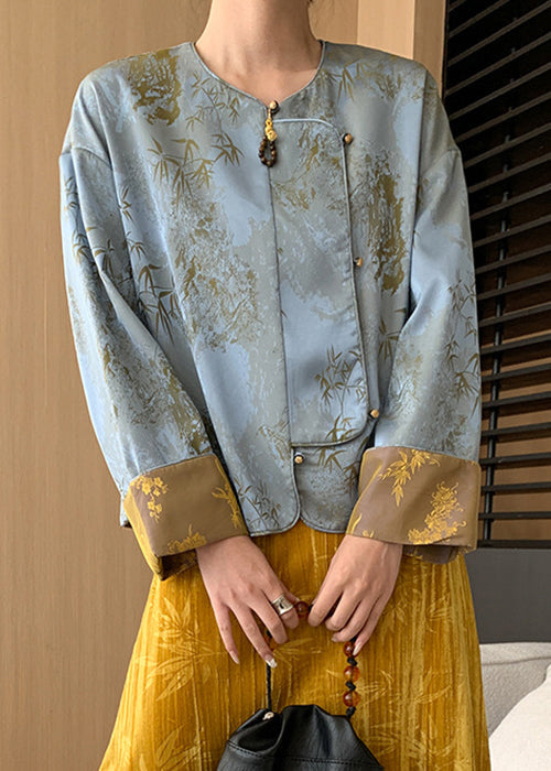 Loose Blue Button Print Silk Coats Long Sleeve