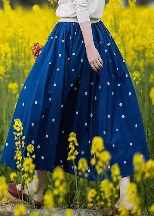 Blue Elastic Skirt Loose Cotton Dot Summer Waist