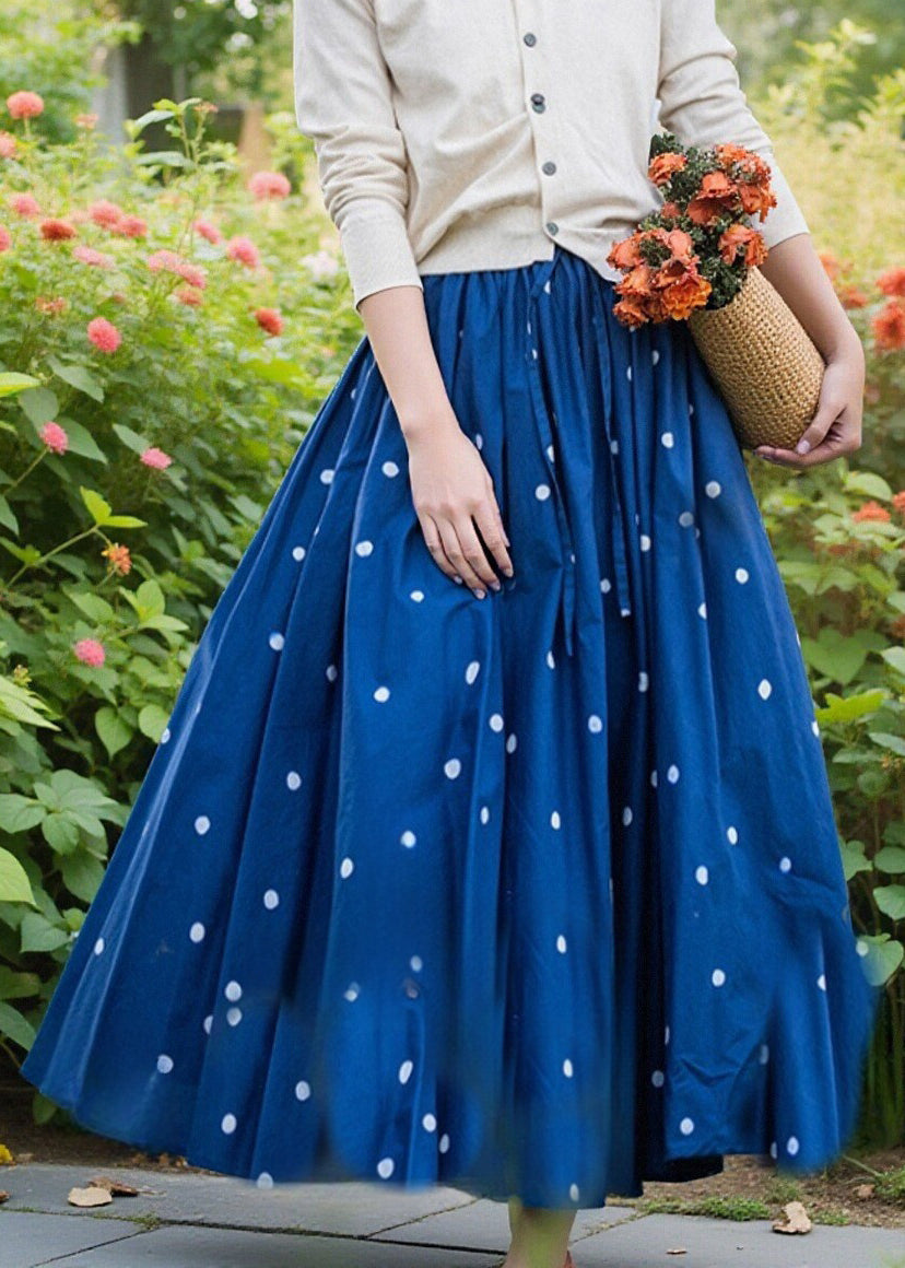Blue Elastic Skirt Loose Cotton Dot Summer Waist