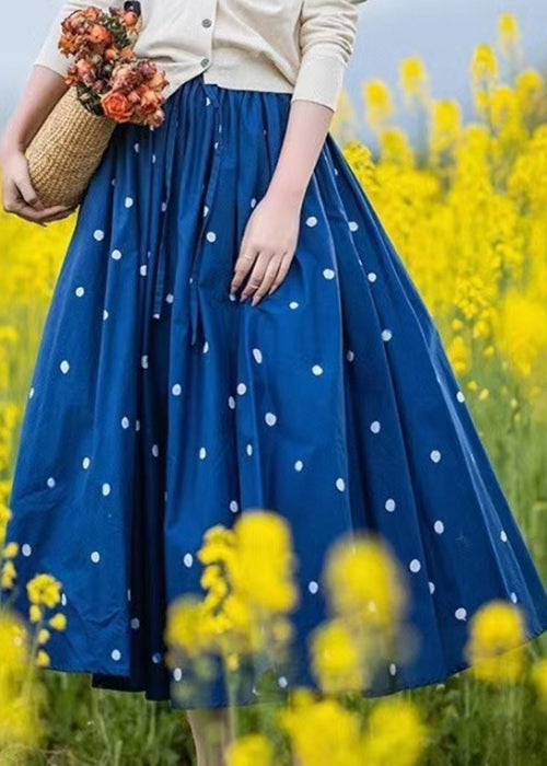 Blue Elastic Skirt Loose Cotton Dot Summer Waist