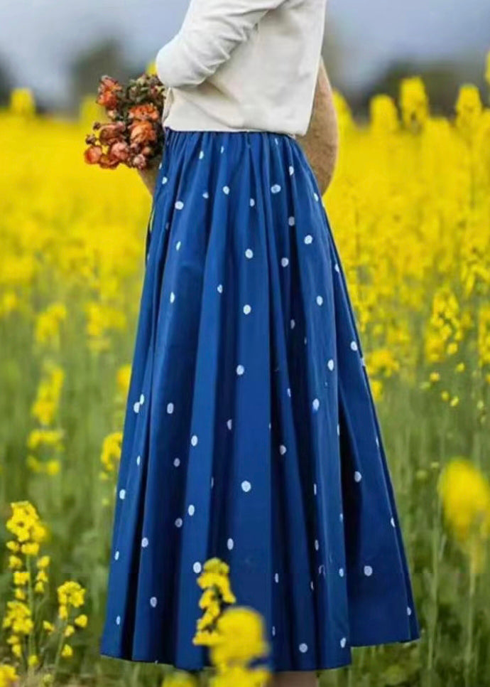 Blue Elastic Skirt Loose Cotton Dot Summer Waist