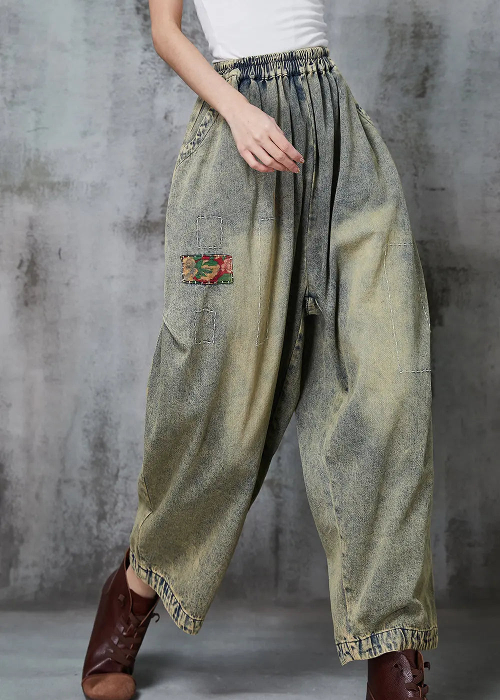 Loose Blue Elastic Waist Patchwork Applique Denim Pants Spring Ada Fashion