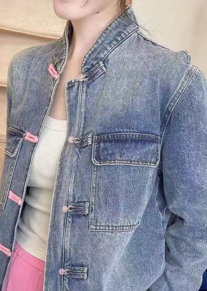 Loose Blue Embroidered Button Denim Coats Long Sleeve Ada Fashion