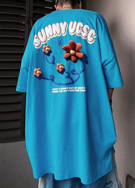 Floral Cotton Blue Men's T Half Shirts Loose Letter Sleeve