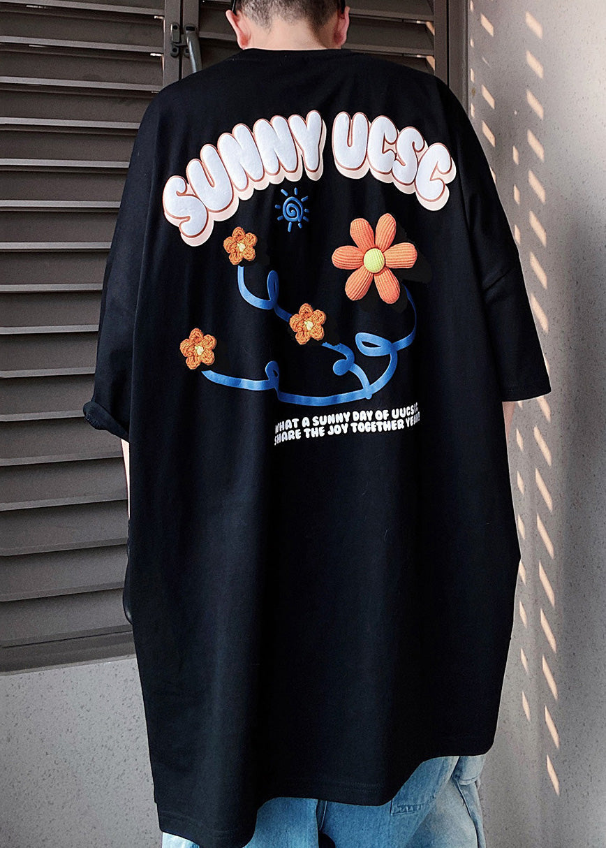 Floral Cotton Blue Men's T Half Shirts Loose Letter Sleeve
