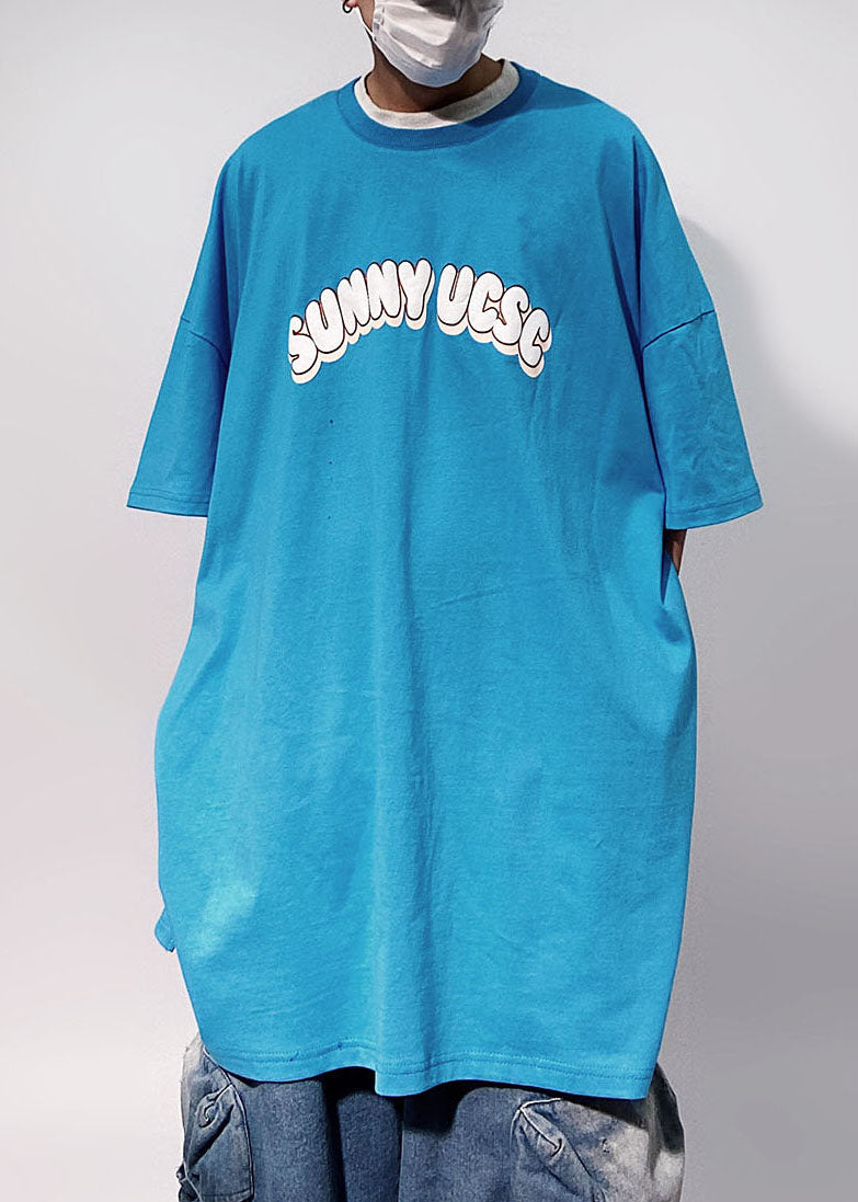 Floral Cotton Blue Men's T Half Shirts Loose Letter Sleeve