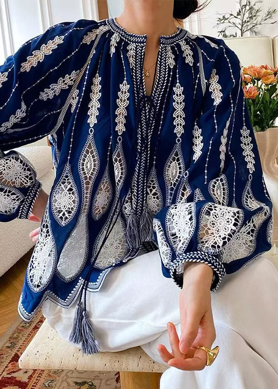 Up Spring Blouses Out Cotton Hollow Loose Lace Blue