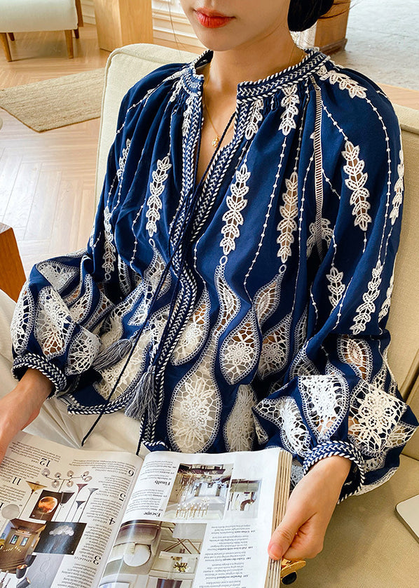 Up Spring Blouses Out Cotton Hollow Loose Lace Blue