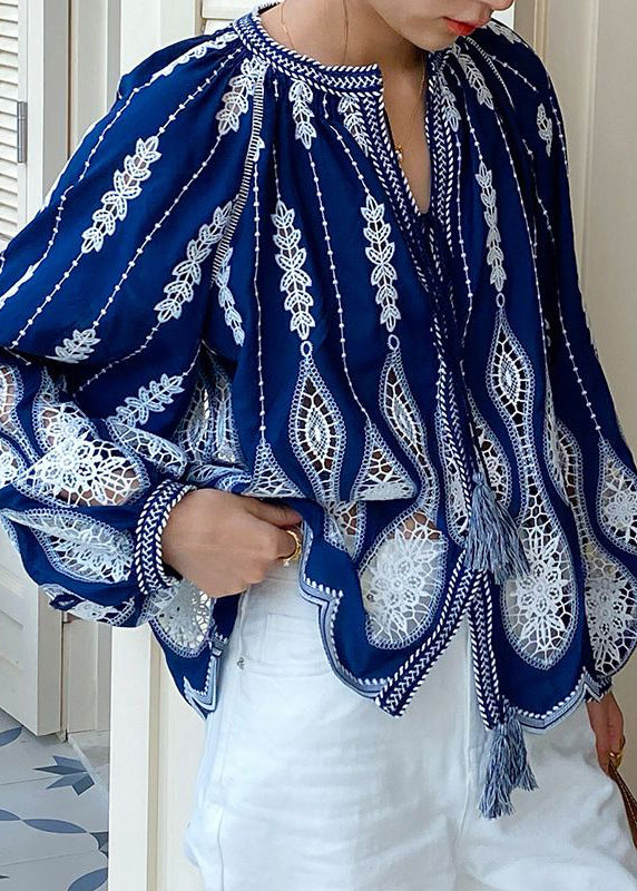 Up Spring Blouses Out Cotton Hollow Loose Lace Blue