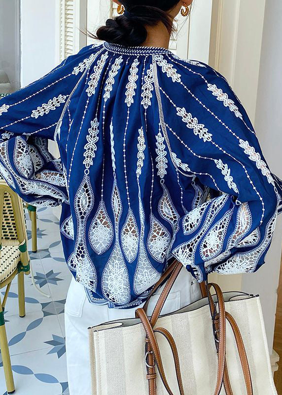 Up Spring Blouses Out Cotton Hollow Loose Lace Blue