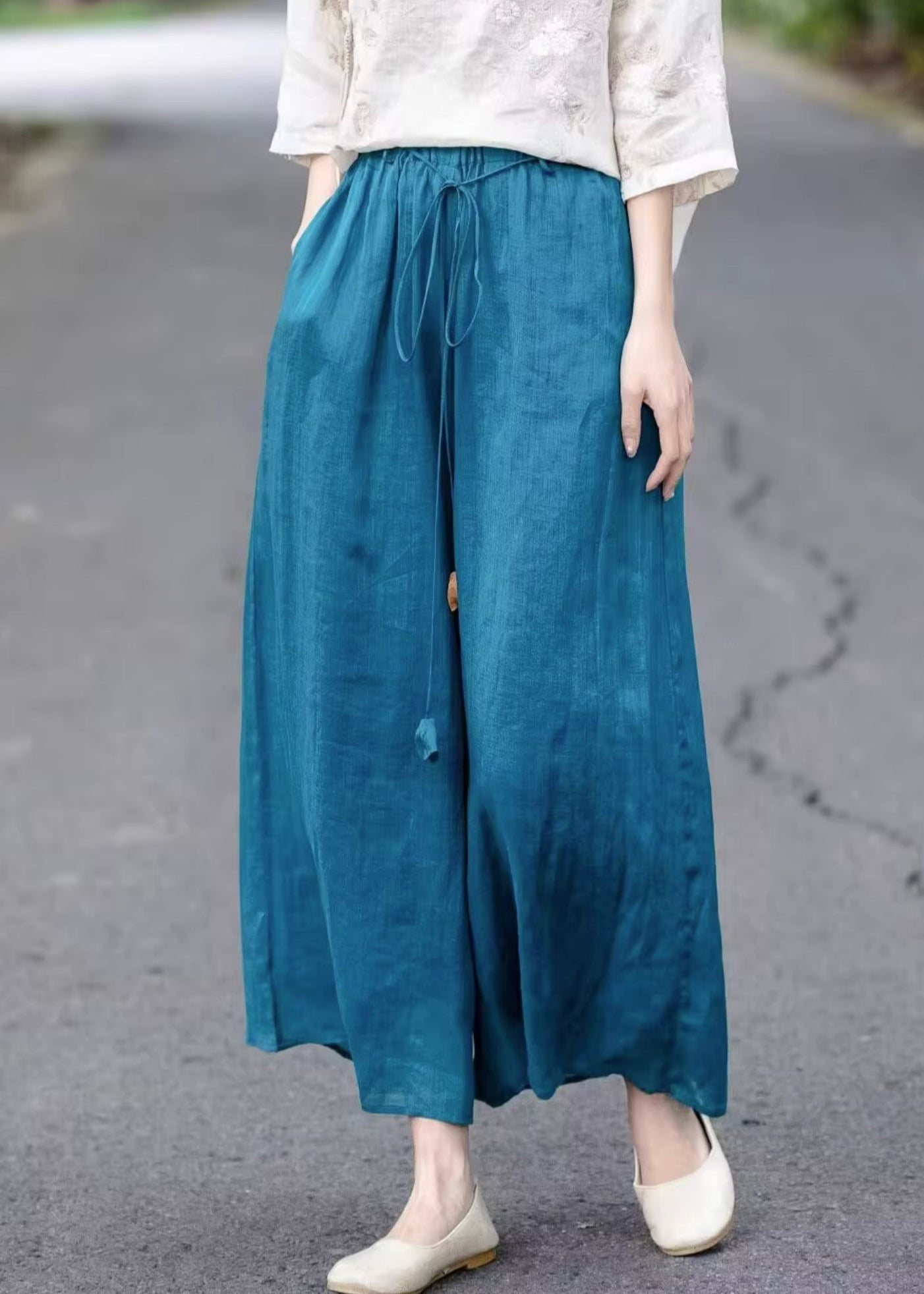 Pants Up Summer Loose Wide Blue Leg Lace Elastic Waist Cotton