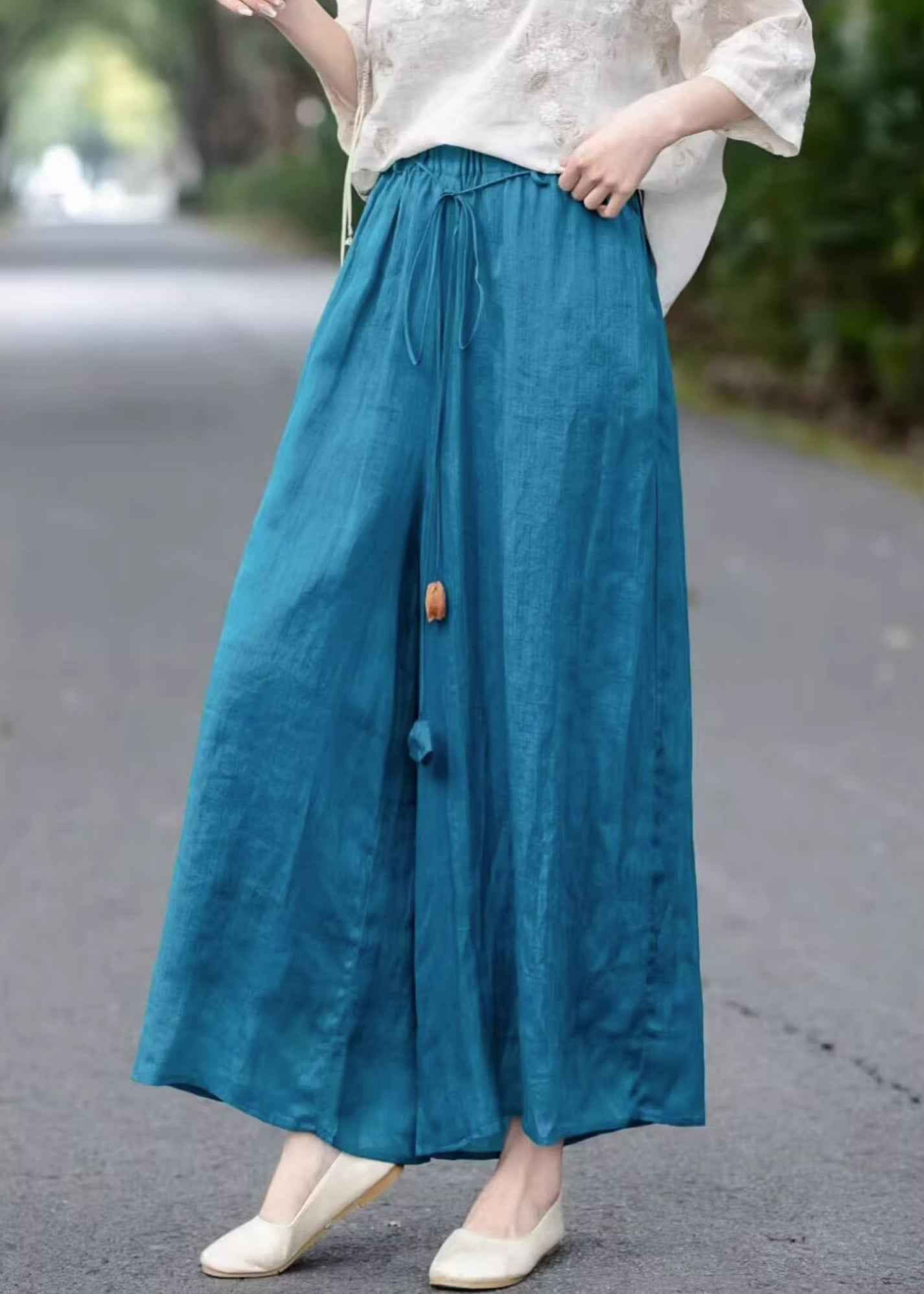 Pants Up Summer Loose Wide Blue Leg Lace Elastic Waist Cotton