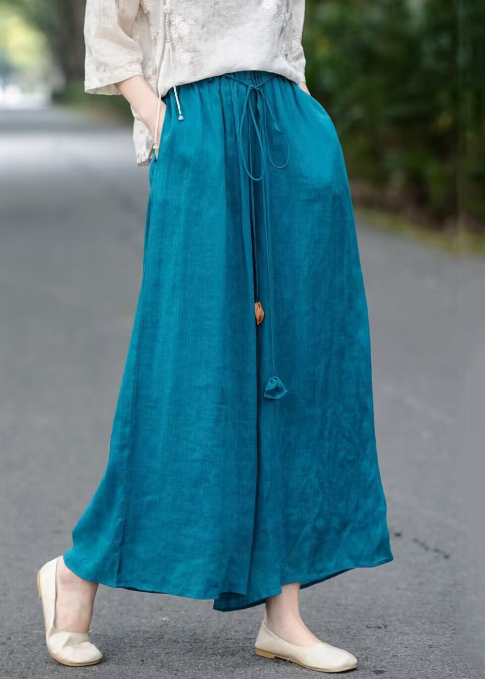 Pants Up Summer Loose Wide Blue Leg Lace Elastic Waist Cotton
