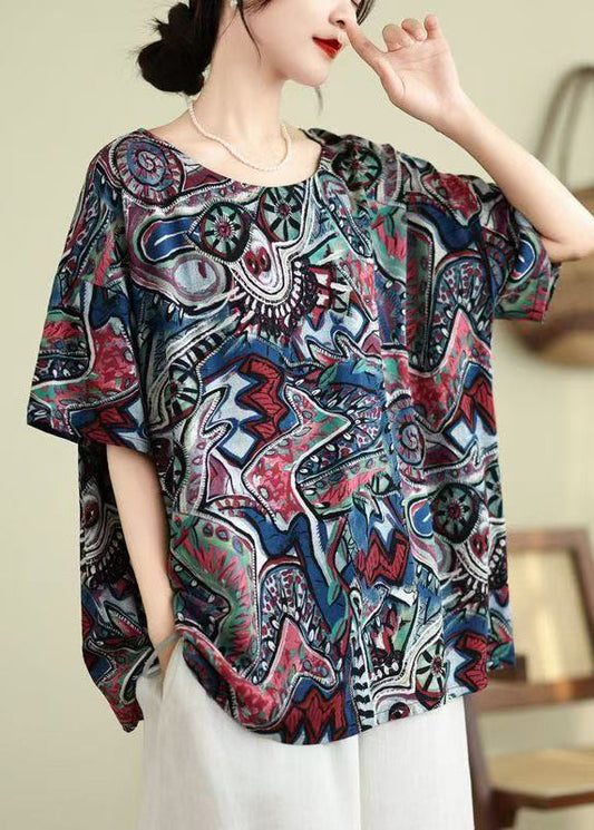 Blue Top Print O-Neck Shirt Loose Summer