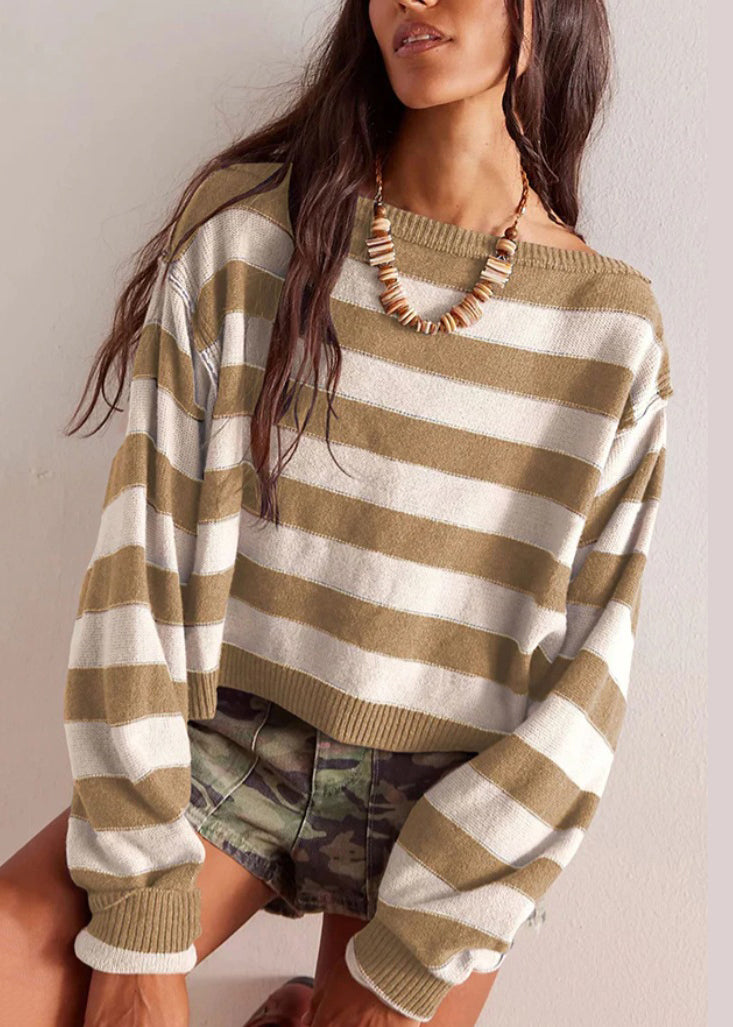 Loose Blue O Neck Striped Short Knit Pullover Fall QY032