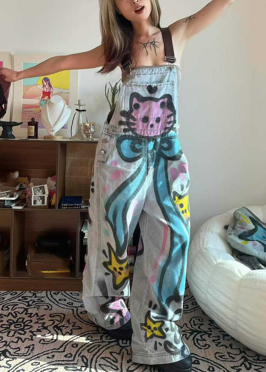 Dye Tie Cats Summer Blue Loose Patchwork Little Jumpsuit Denim Pockets